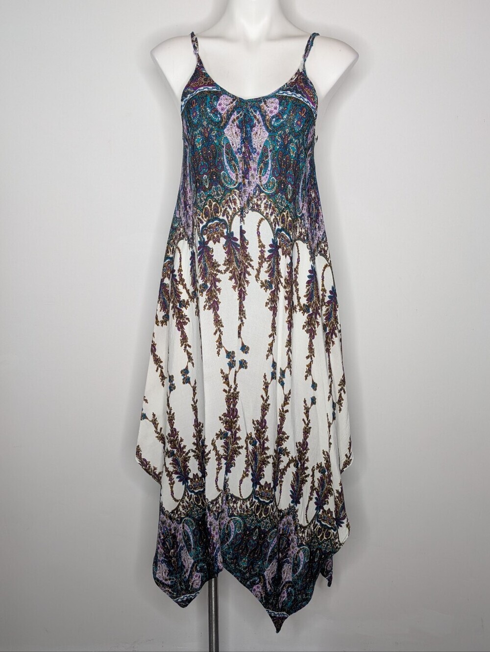 Kamana White Purple Blue Paisley Kaleidoscope Handkerchief Sun Dress S/M